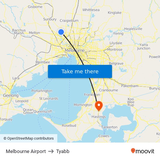 Melbourne Airport to Tyabb map