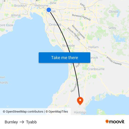 Burnley to Tyabb map