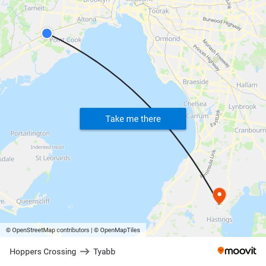 Hoppers Crossing to Tyabb map