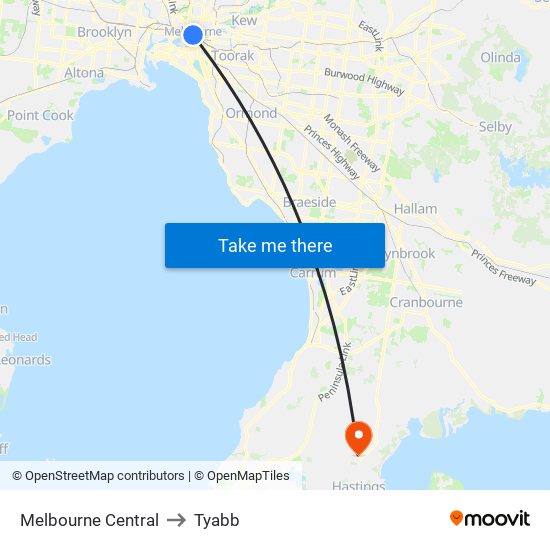 Melbourne Central to Tyabb map