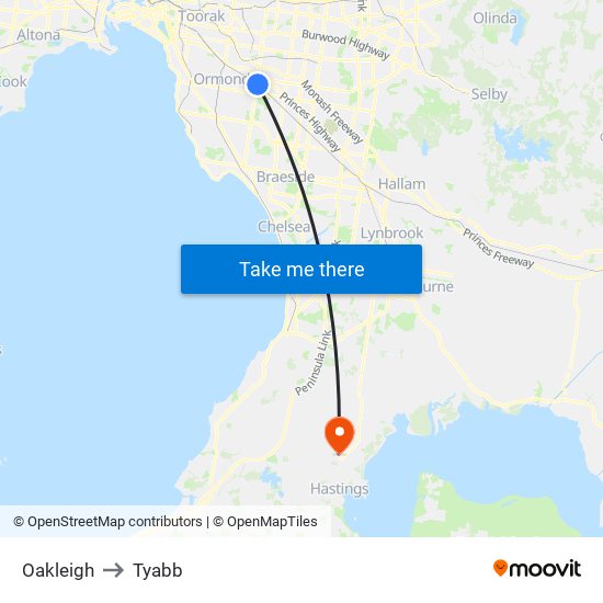 Oakleigh to Tyabb map