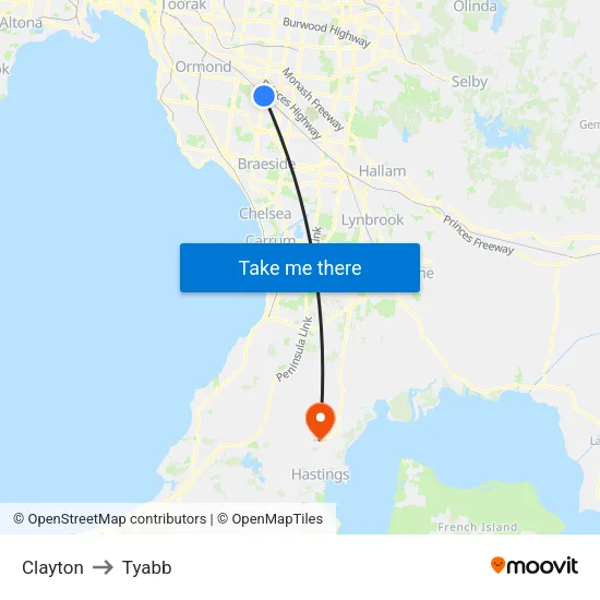 Clayton to Tyabb map
