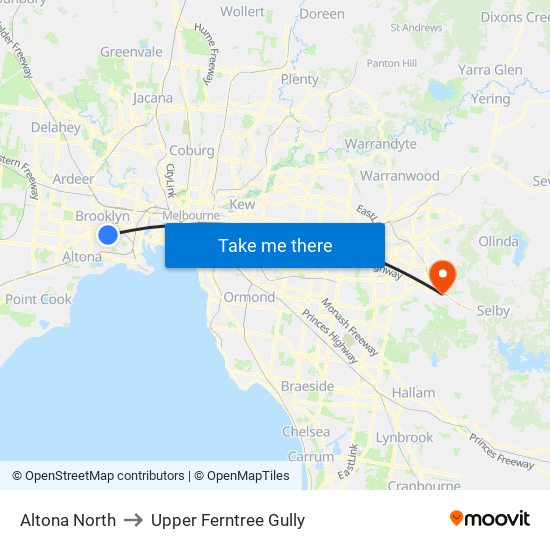 Altona North to Upper Ferntree Gully map