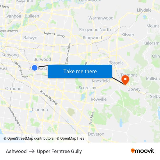 Ashwood to Upper Ferntree Gully map