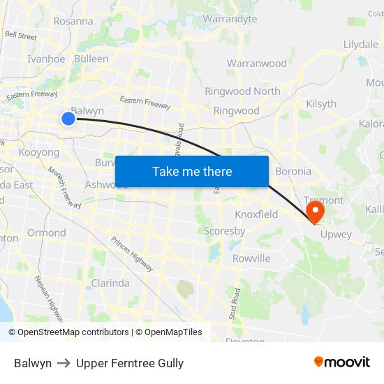 Balwyn to Upper Ferntree Gully map