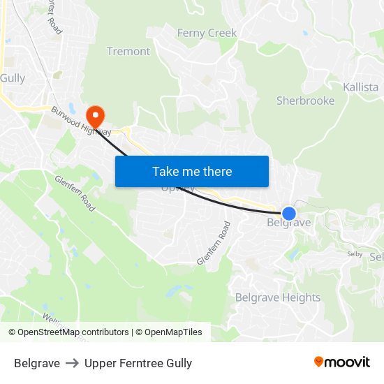 Belgrave to Upper Ferntree Gully map