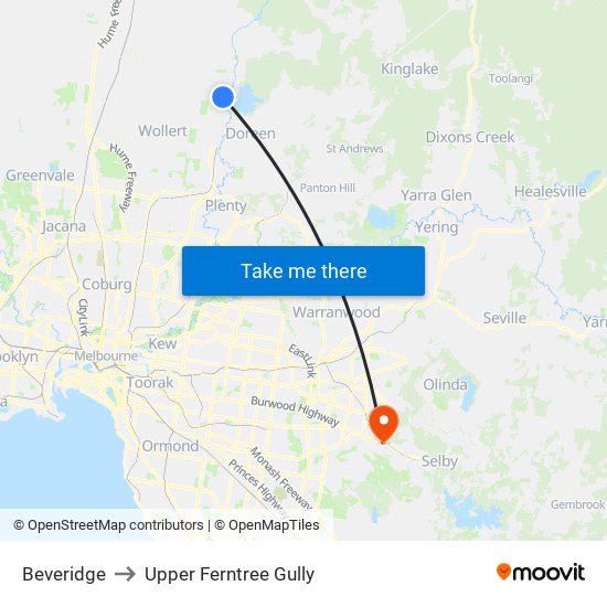 Beveridge to Upper Ferntree Gully map