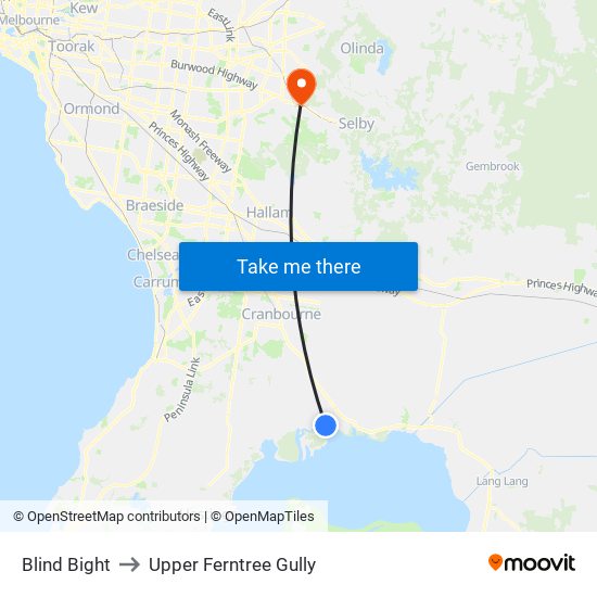 Blind Bight to Upper Ferntree Gully map