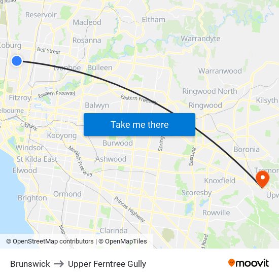 Brunswick to Upper Ferntree Gully map