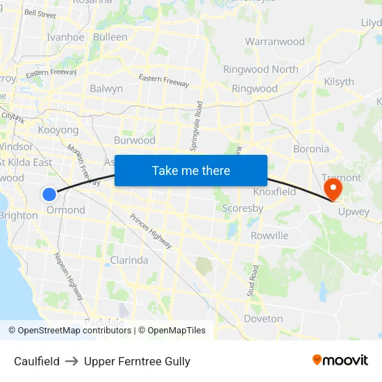 Caulfield to Upper Ferntree Gully map