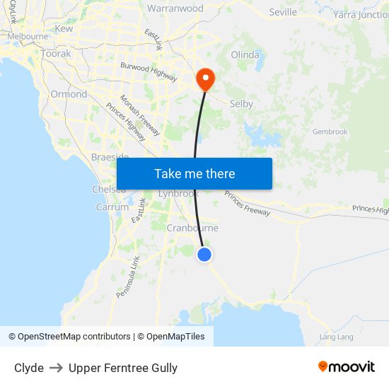 Clyde to Upper Ferntree Gully map