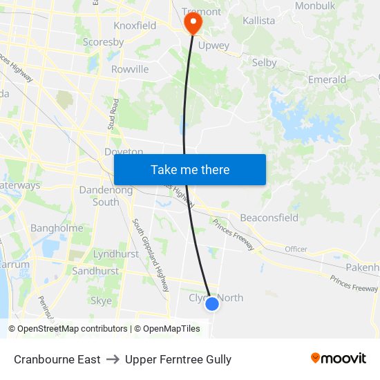 Cranbourne East to Upper Ferntree Gully map