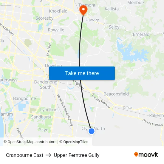 Cranbourne East to Upper Ferntree Gully map