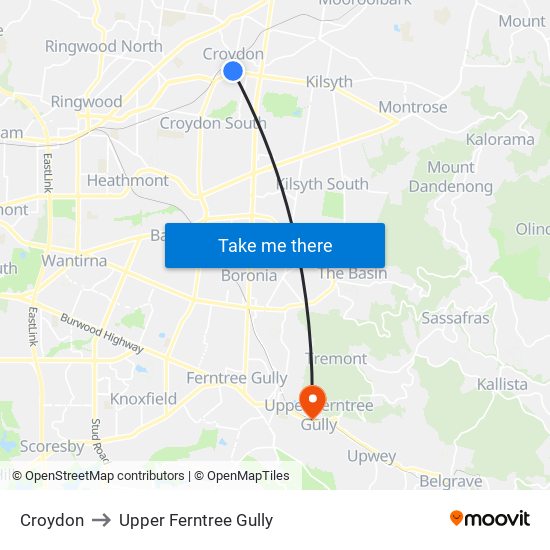 Croydon to Upper Ferntree Gully map