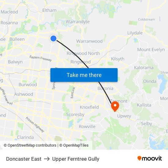 Doncaster East to Upper Ferntree Gully map