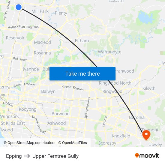 Epping to Upper Ferntree Gully map