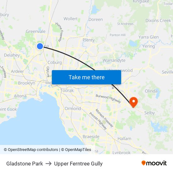 Gladstone Park to Upper Ferntree Gully map