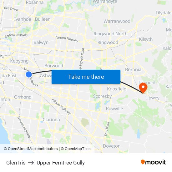 Glen Iris to Upper Ferntree Gully map