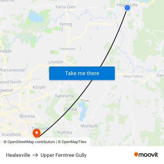 Healesville to Upper Ferntree Gully map