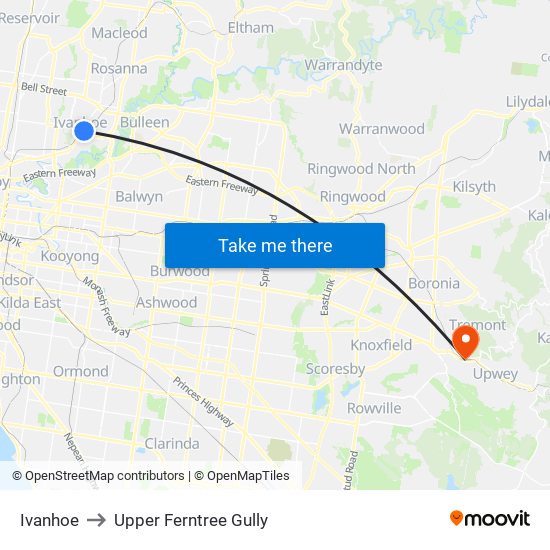 Ivanhoe to Upper Ferntree Gully map