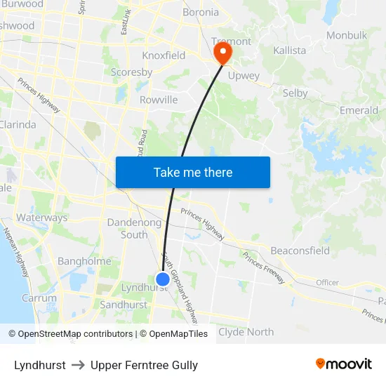 Lyndhurst to Upper Ferntree Gully map