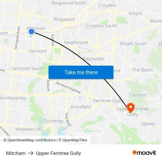 Mitcham to Upper Ferntree Gully map