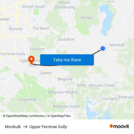 Monbulk to Upper Ferntree Gully map