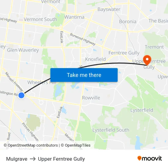 Mulgrave to Upper Ferntree Gully map