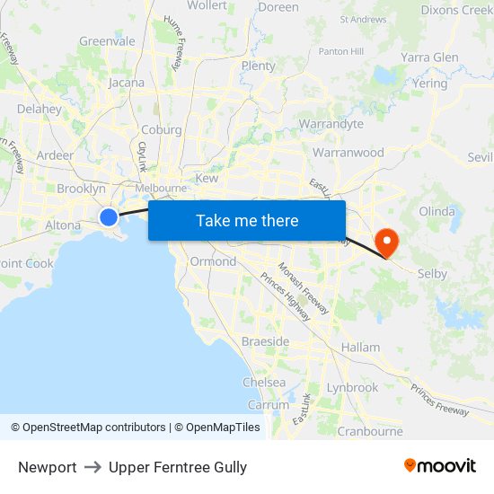 Newport to Upper Ferntree Gully map