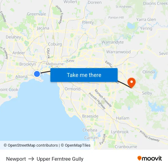 Newport to Upper Ferntree Gully map