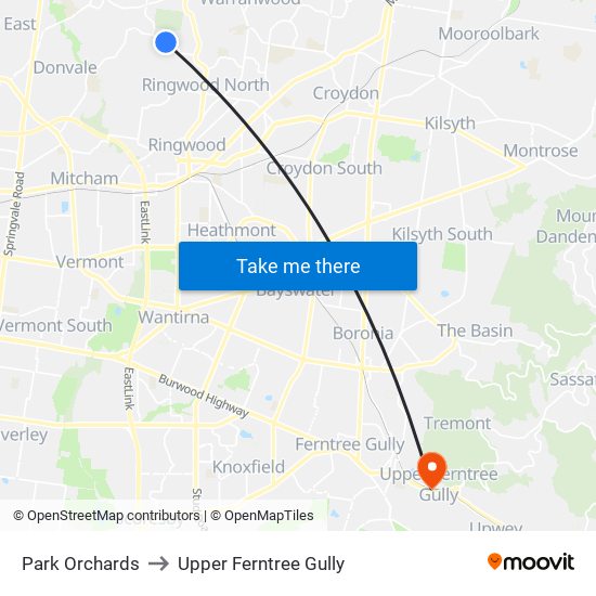 Park Orchards to Upper Ferntree Gully map