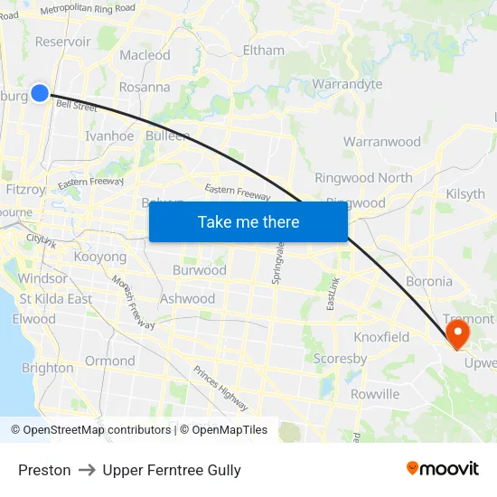 Preston to Upper Ferntree Gully map