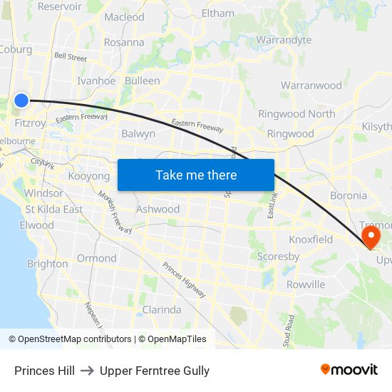 Princes Hill to Upper Ferntree Gully map