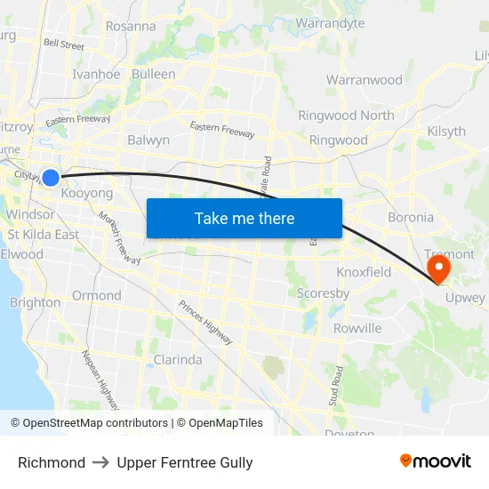 Richmond to Upper Ferntree Gully map