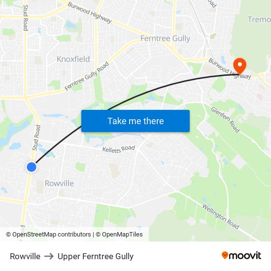 Rowville to Upper Ferntree Gully map