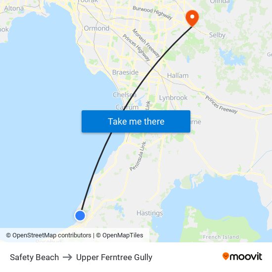 Safety Beach to Upper Ferntree Gully map