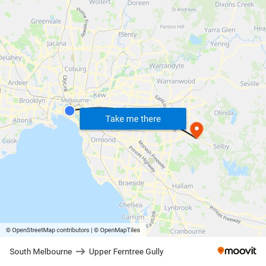 South Melbourne to Upper Ferntree Gully map