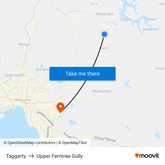 Taggerty to Upper Ferntree Gully map