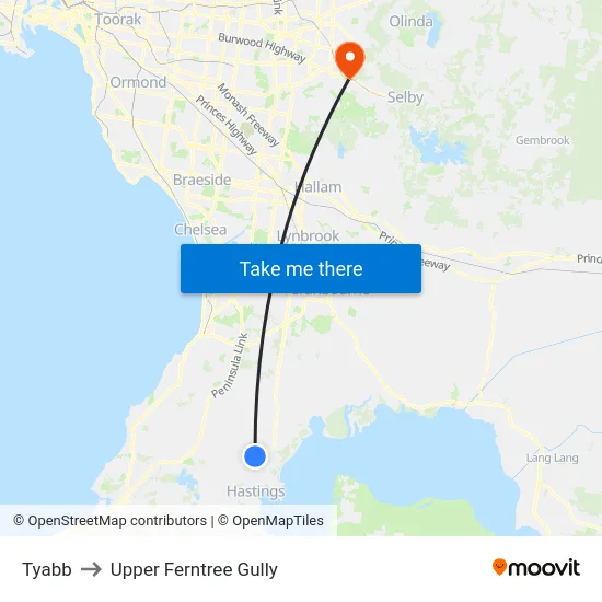 Tyabb to Upper Ferntree Gully map