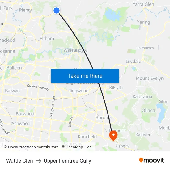 Wattle Glen to Upper Ferntree Gully map