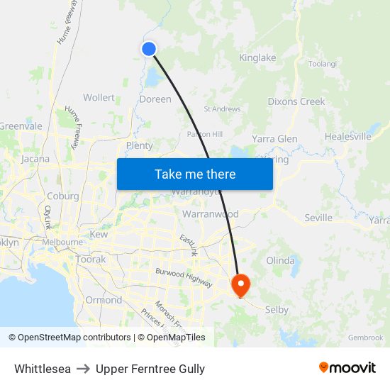 Whittlesea to Upper Ferntree Gully map