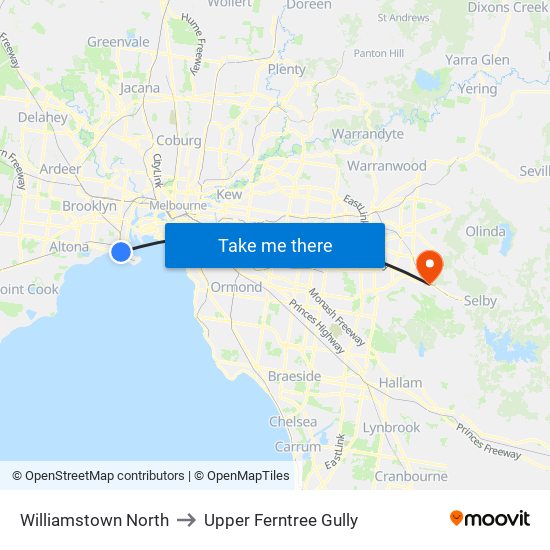 Williamstown North to Upper Ferntree Gully map