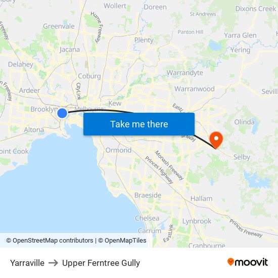 Yarraville to Upper Ferntree Gully map