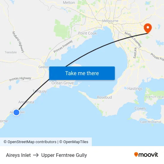 Aireys Inlet to Upper Ferntree Gully map