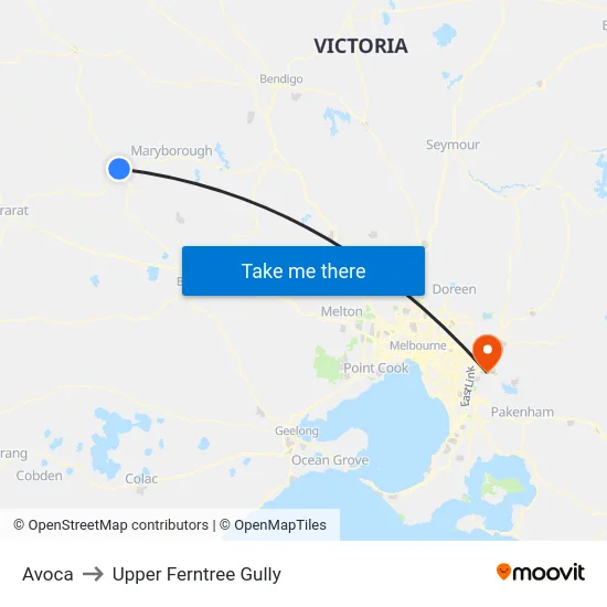 Avoca to Upper Ferntree Gully map