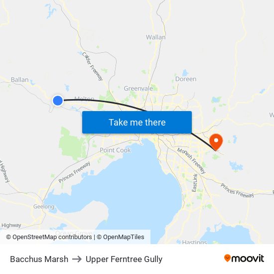 Bacchus Marsh to Upper Ferntree Gully map
