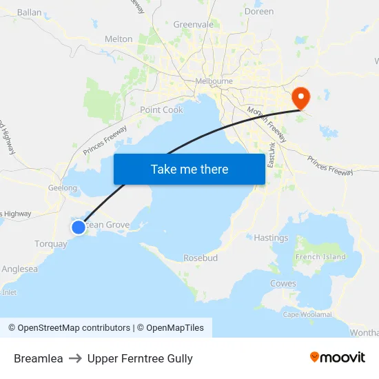 Breamlea to Upper Ferntree Gully map