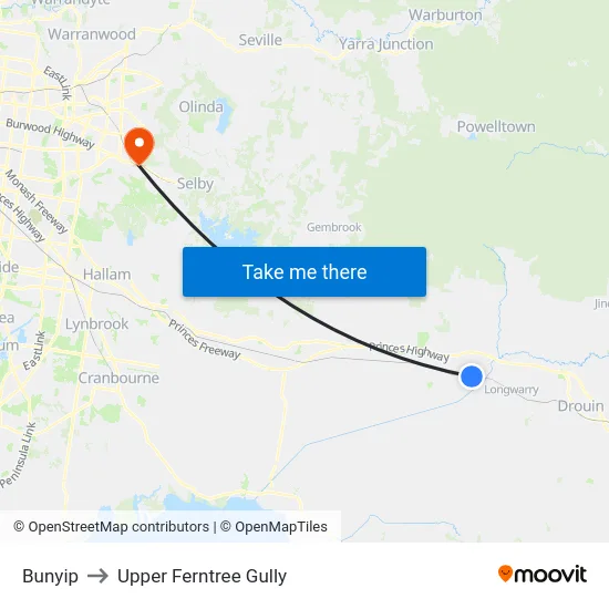 Bunyip to Upper Ferntree Gully map