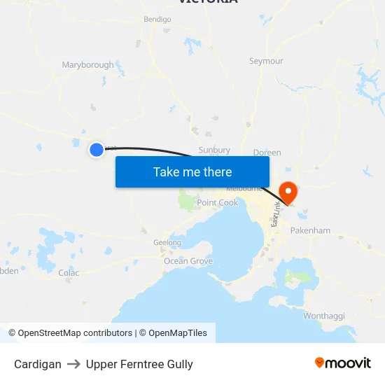 Cardigan to Upper Ferntree Gully map