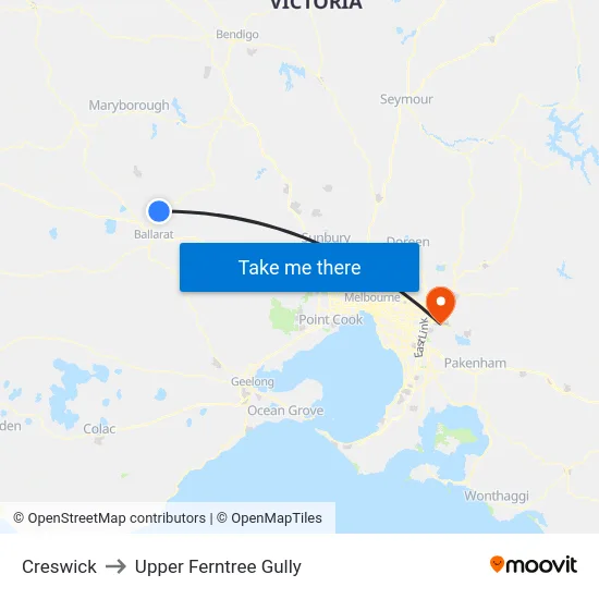 Creswick to Upper Ferntree Gully map